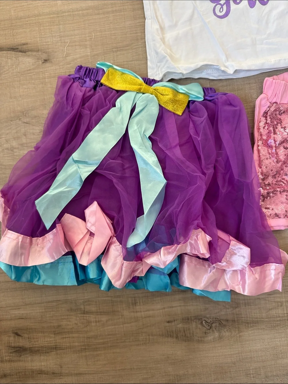 3 Pc Set Birthday Girl Unicorn Top with Purple Tutu & Pink Sequin Shorts Party